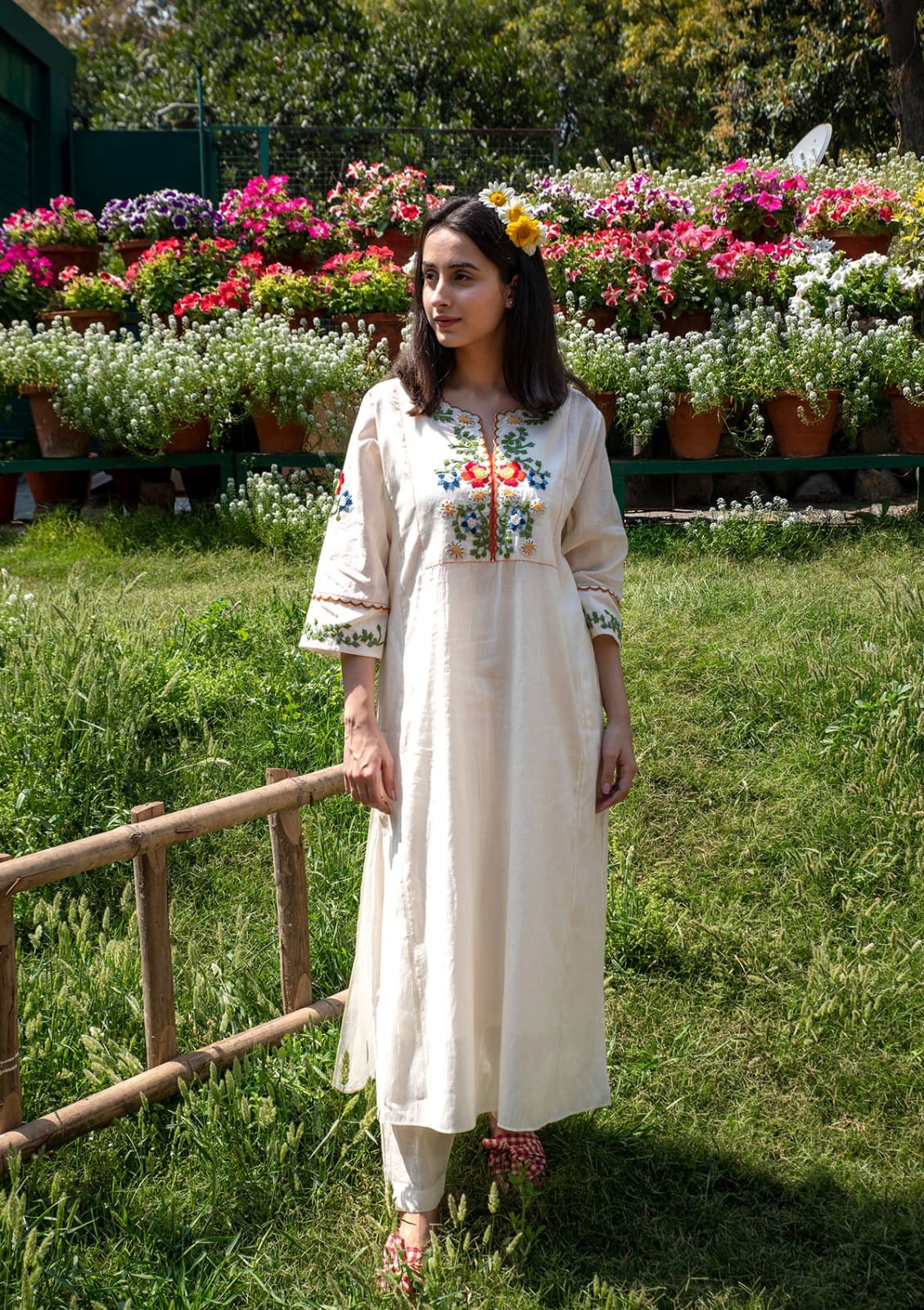 Cotton kurta and pant set in off white with embroidery