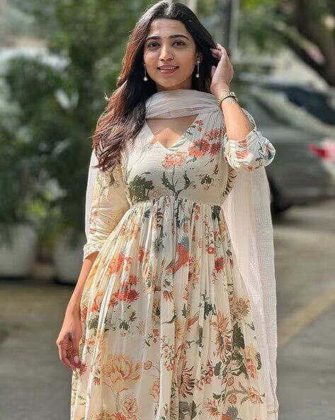 Off-White Floral Anarkali Kurta Set with Matching Dupatta