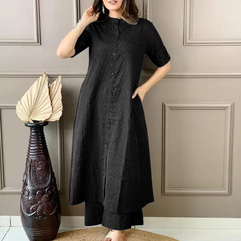 Black Katha Cotton Kurta And Palazzo Set