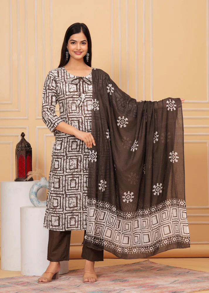 Cotton Suit Set with Sequin Handwork and Printed Dupatta