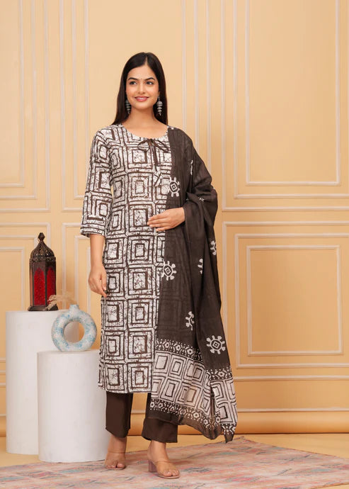 Cotton Suit Set with Sequin Handwork and Printed Dupatta