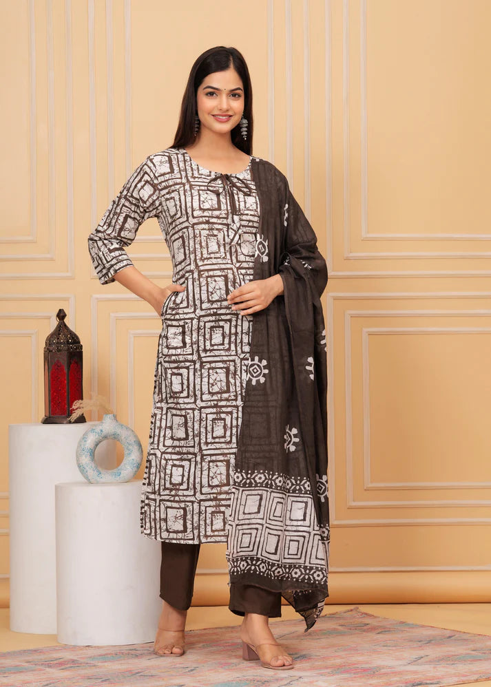 Cotton Suit Set with Sequin Handwork and Printed Dupatta
