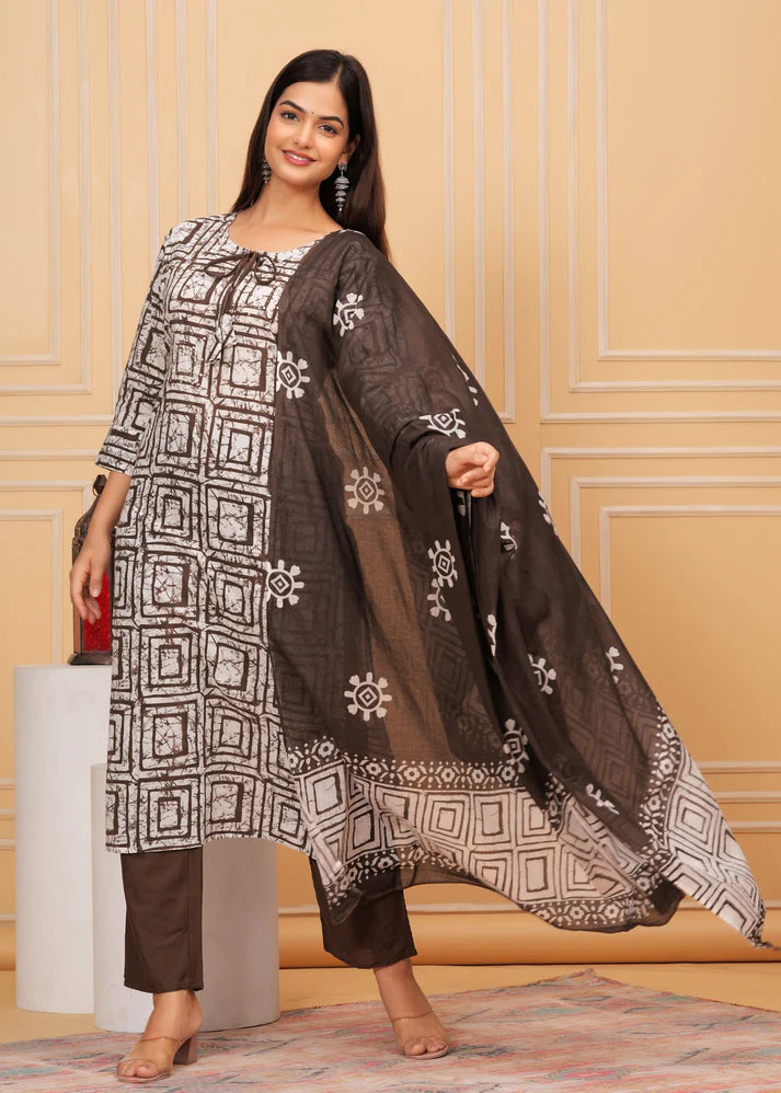 Cotton Suit Set with Sequin Handwork and Printed Dupatta