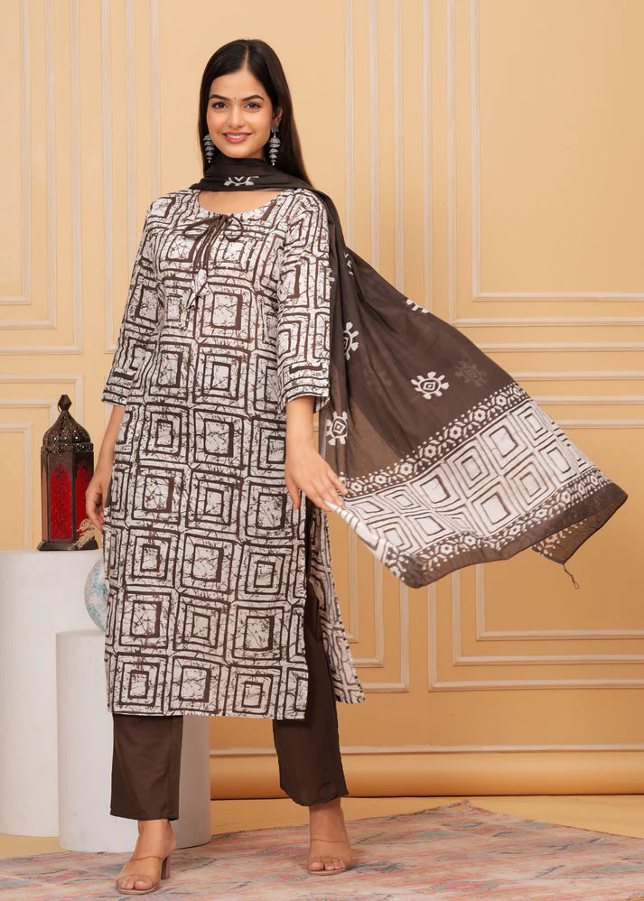 Cotton Suit Set with Sequin Handwork and Printed Dupatta