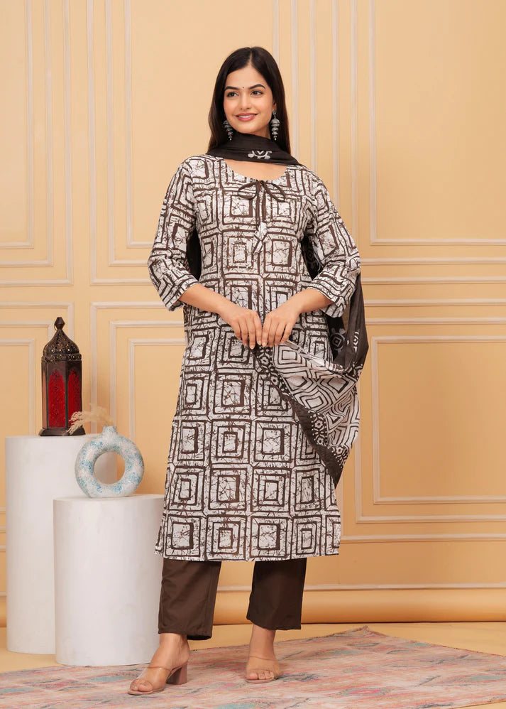 Cotton Suit Set with Sequin Handwork and Printed Dupatta