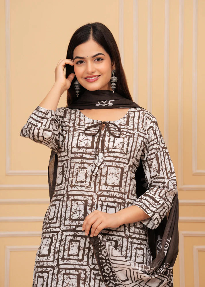 Cotton Suit Set with Sequin Handwork and Printed Dupatta