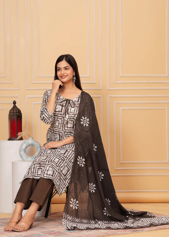 Cotton Suit Set with Sequin Handwork and Printed Dupatta