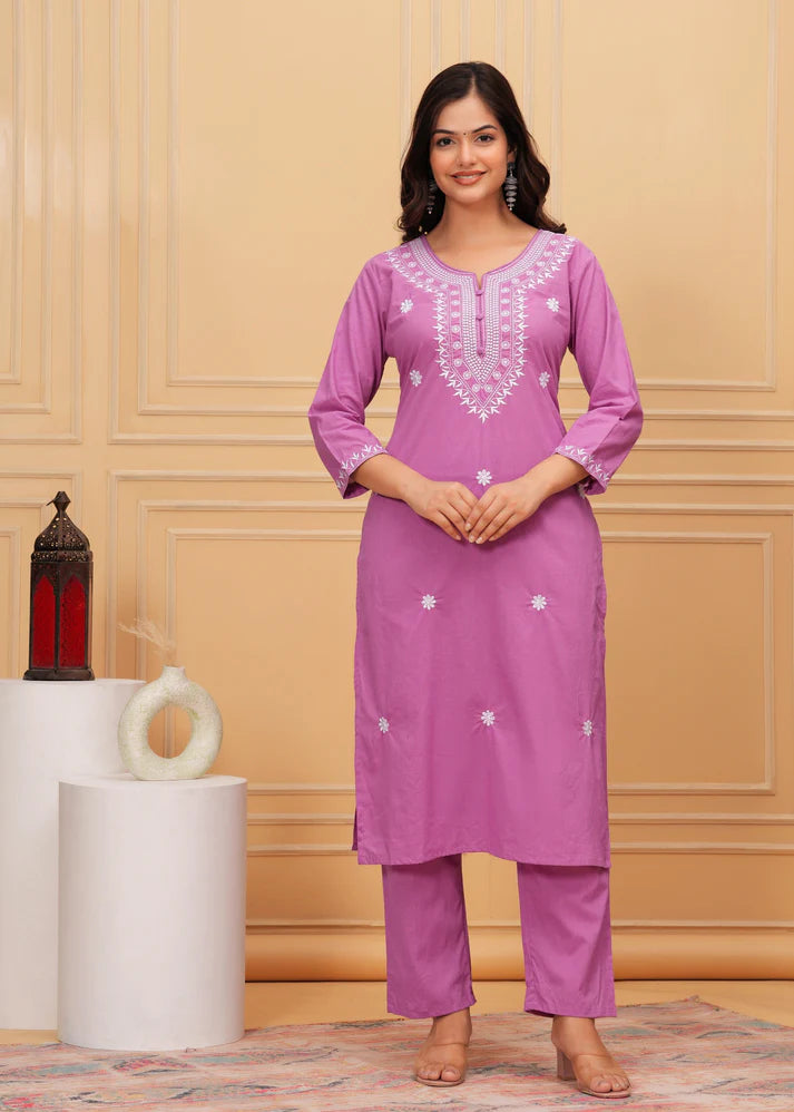 Embroidered Cotton Suit Set with Printed Mulmul Dupatta