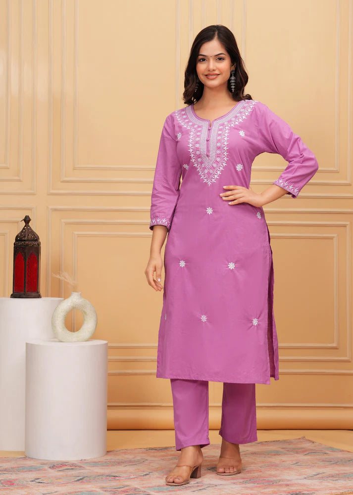 Embroidered Cotton Suit Set with Printed Mulmul Dupatta