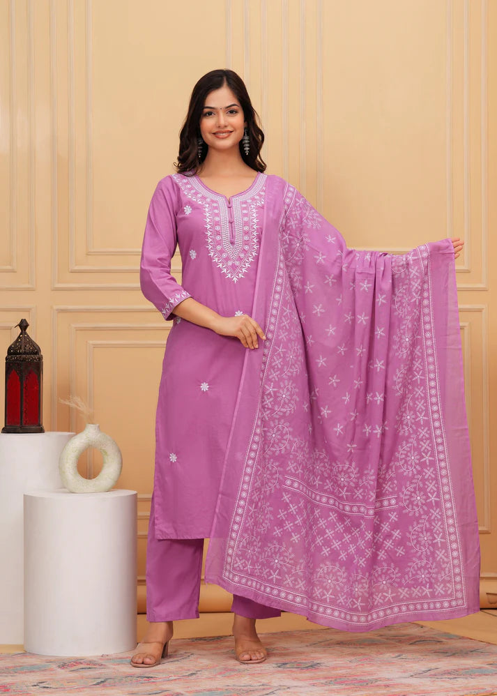 Embroidered Cotton Suit Set with Printed Mulmul Dupatta