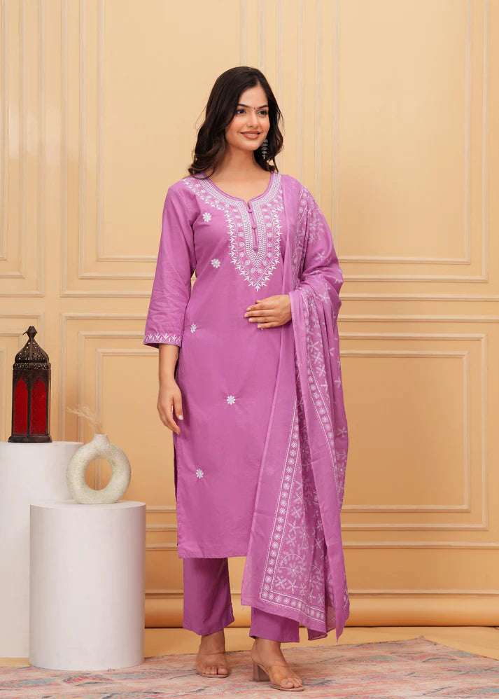 Embroidered Cotton Suit Set with Printed Mulmul Dupatta