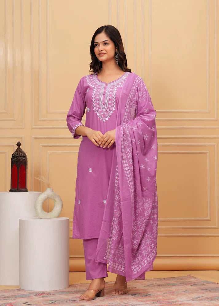 Embroidered Cotton Suit Set with Printed Mulmul Dupatta