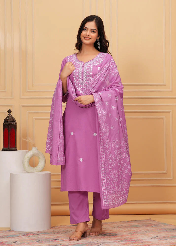 Embroidered Cotton Suit Set with Printed Mulmul Dupatta