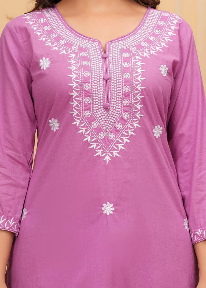 Embroidered Cotton Suit Set with Printed Mulmul Dupatta