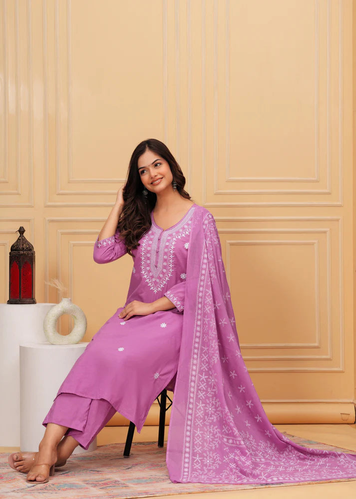 Embroidered Cotton Suit Set with Printed Mulmul Dupatta