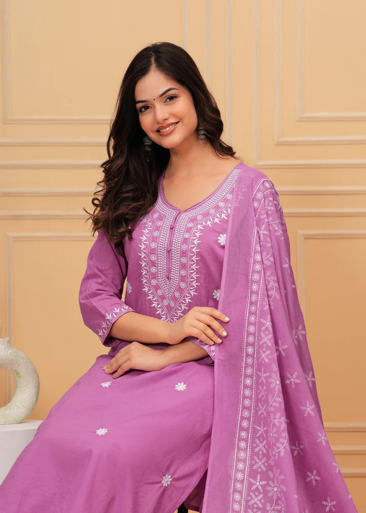 Embroidered Cotton Suit Set with Printed Mulmul Dupatta