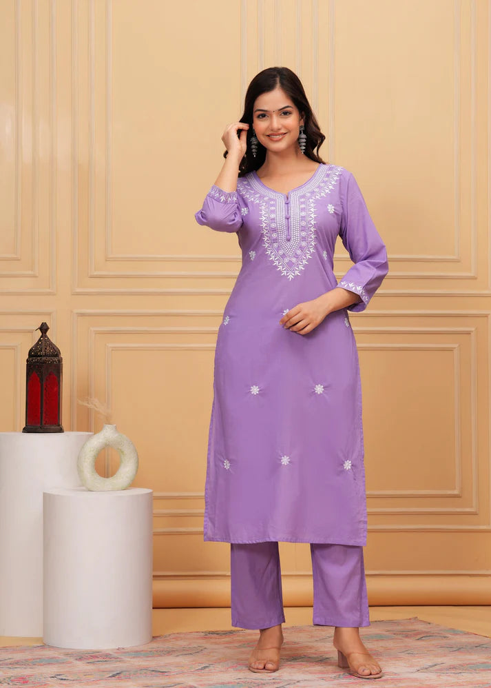 Embroidered Cotton Suit Set with Printed Mulmul Dupatta