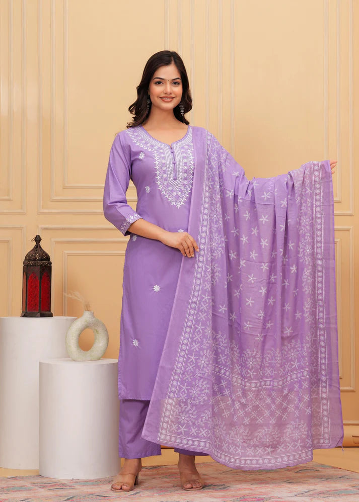Embroidered Cotton Suit Set with Printed Mulmul Dupatta