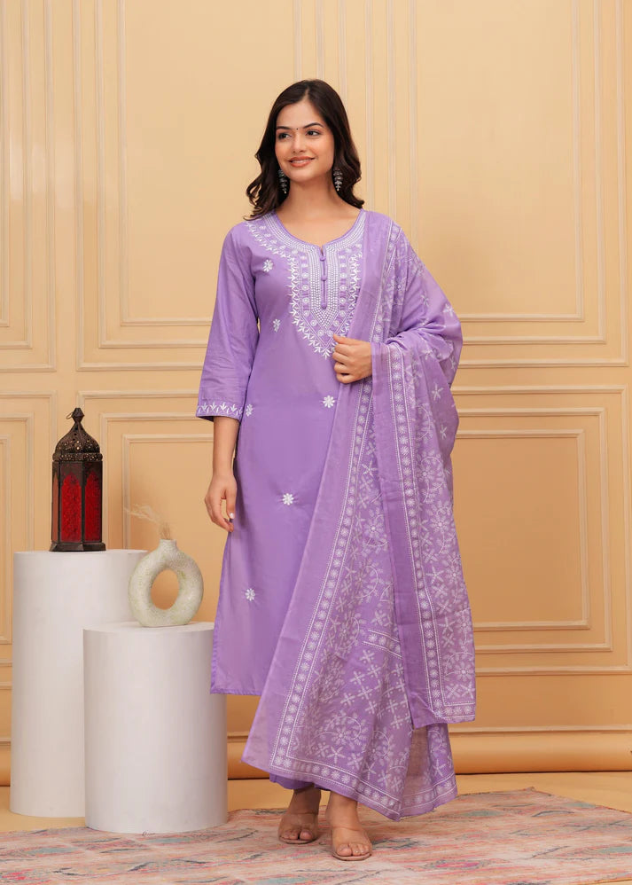Embroidered Cotton Suit Set with Printed Mulmul Dupatta