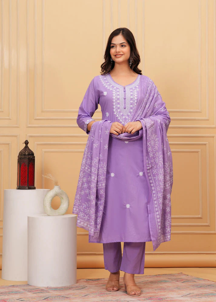 Embroidered Cotton Suit Set with Printed Mulmul Dupatta