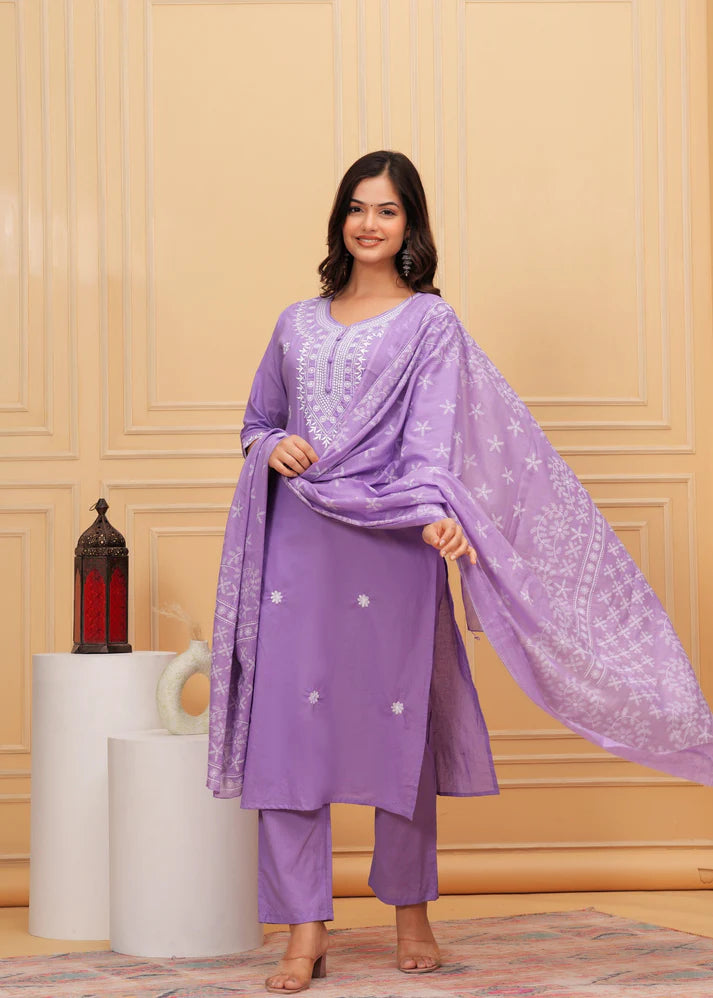 Embroidered Cotton Suit Set with Printed Mulmul Dupatta