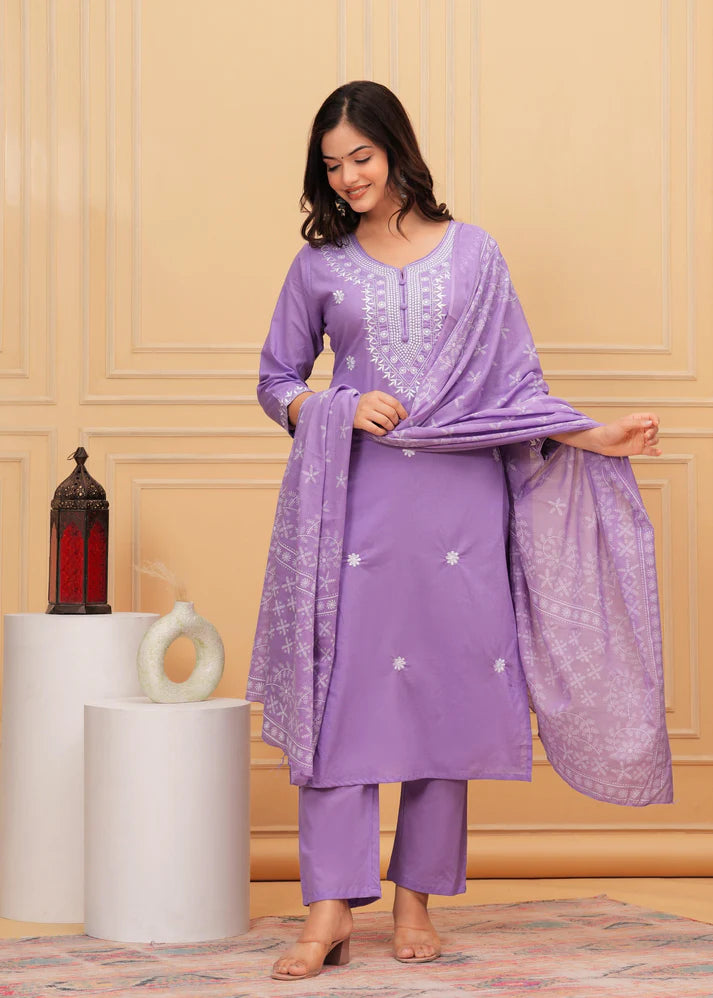 Embroidered Cotton Suit Set with Printed Mulmul Dupatta
