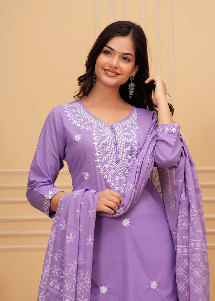 Embroidered Cotton Suit Set with Printed Mulmul Dupatta