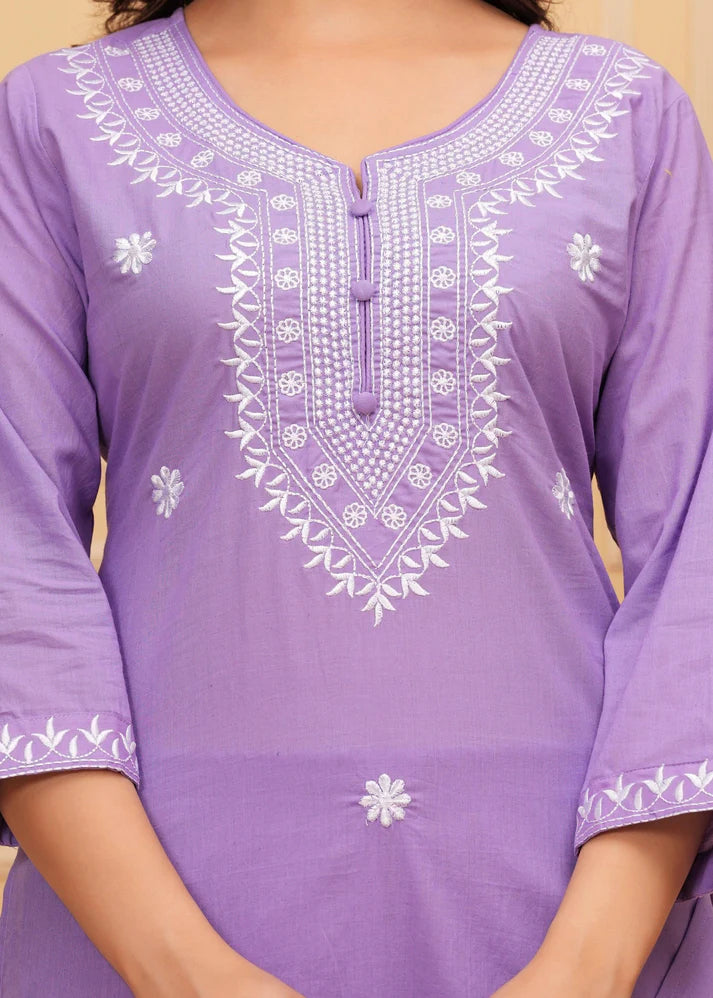Embroidered Cotton Suit Set with Printed Mulmul Dupatta