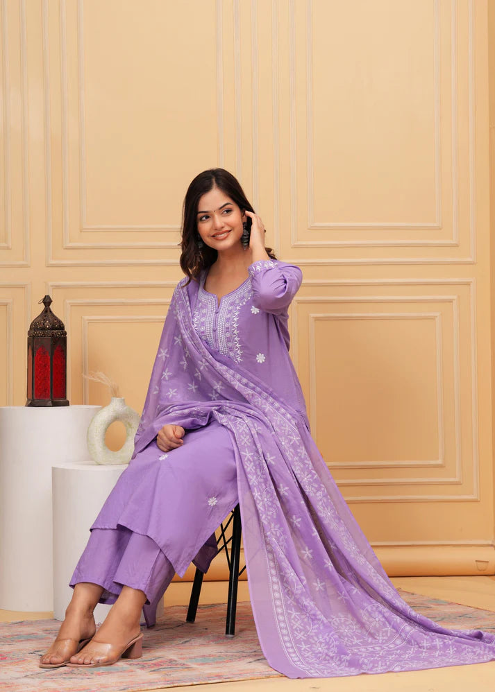 Embroidered Cotton Suit Set with Printed Mulmul Dupatta
