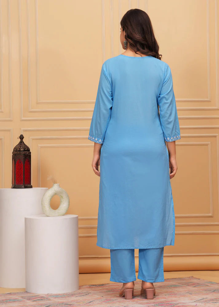 Embroidered Cotton Suit Set with Printed Mulmul Dupatta