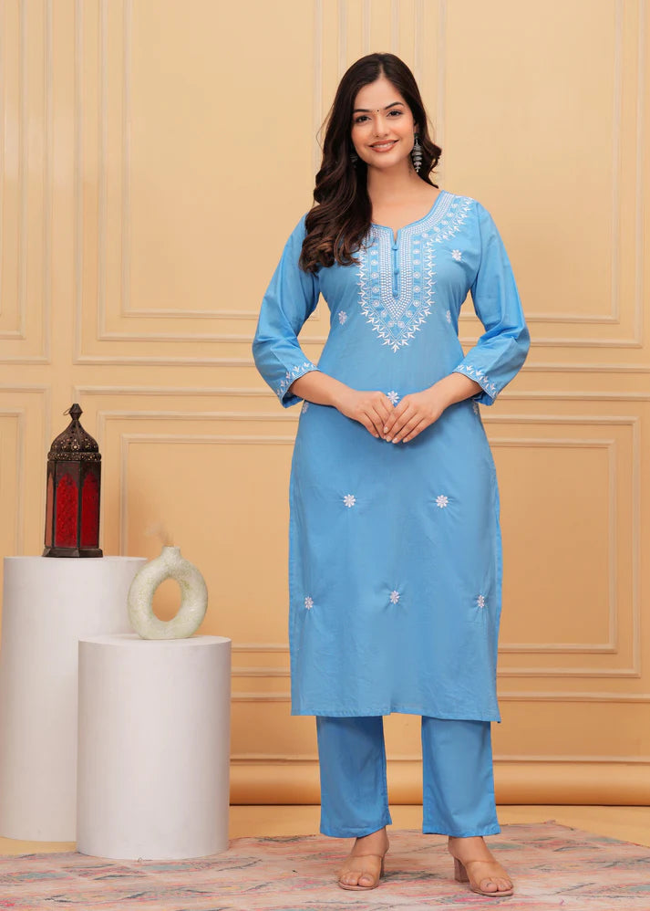 Embroidered Cotton Suit Set with Printed Mulmul Dupatta