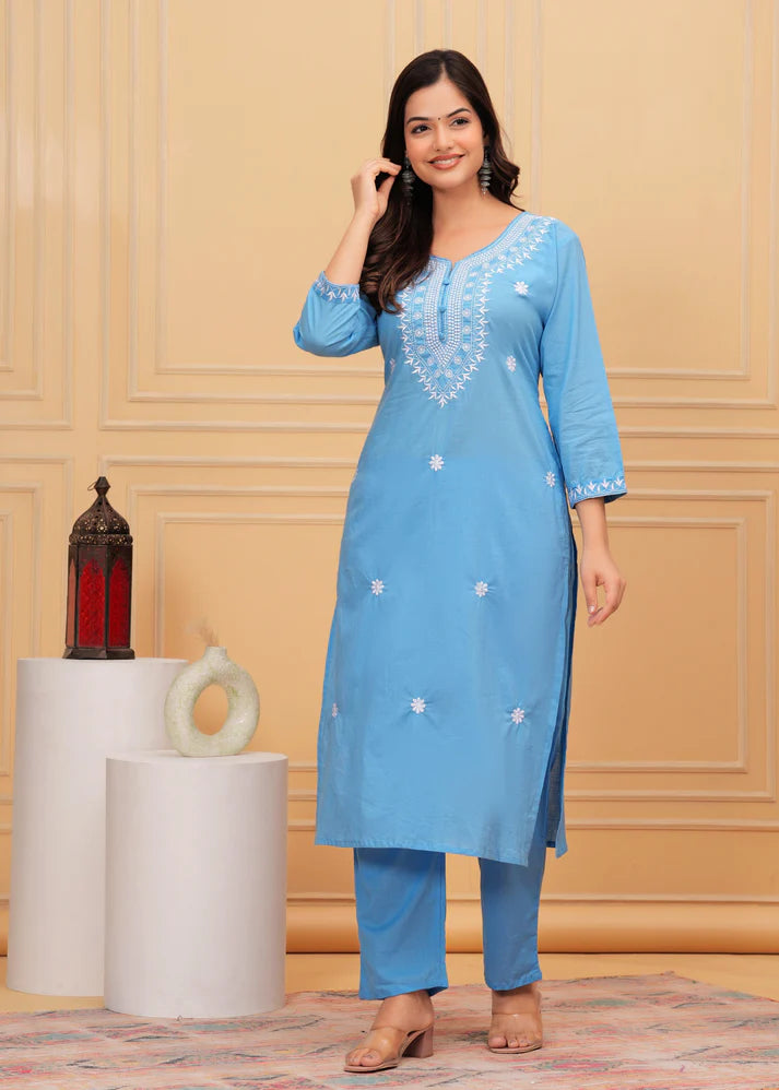 Embroidered Cotton Suit Set with Printed Mulmul Dupatta