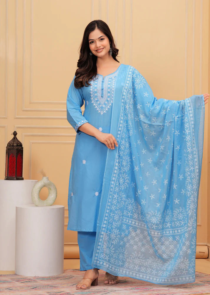 Embroidered Cotton Suit Set with Printed Mulmul Dupatta