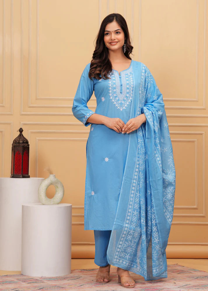 Embroidered Cotton Suit Set with Printed Mulmul Dupatta
