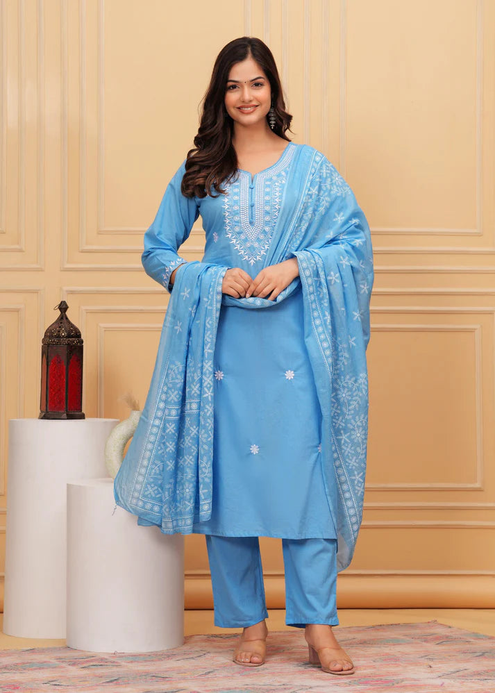 Embroidered Cotton Suit Set with Printed Mulmul Dupatta