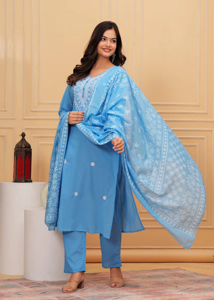 Embroidered Cotton Suit Set with Printed Mulmul Dupatta