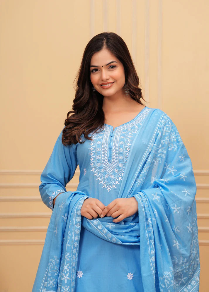 Embroidered Cotton Suit Set with Printed Mulmul Dupatta