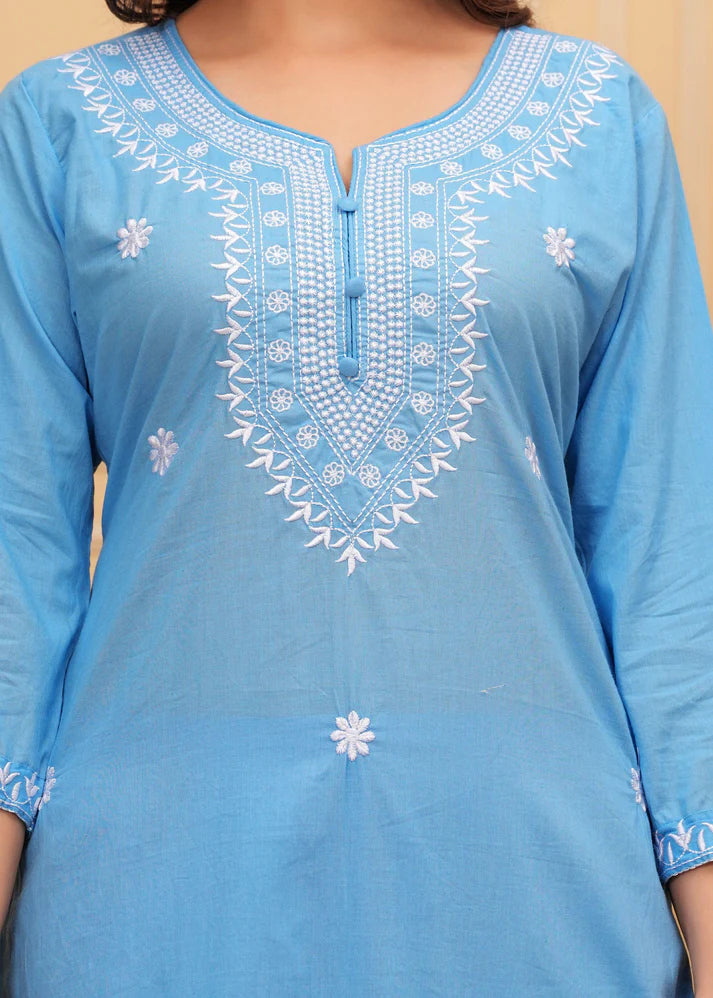 Embroidered Cotton Suit Set with Printed Mulmul Dupatta
