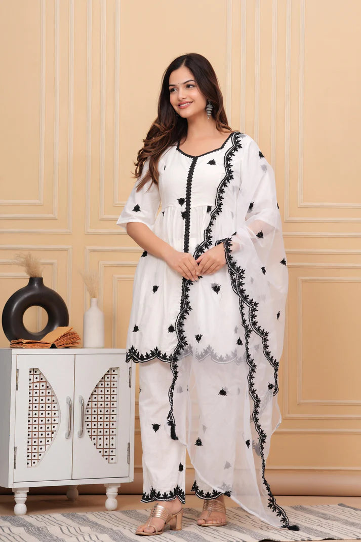 White Embroidered Cotton Suit Set with Embroidered Organza Dupatta