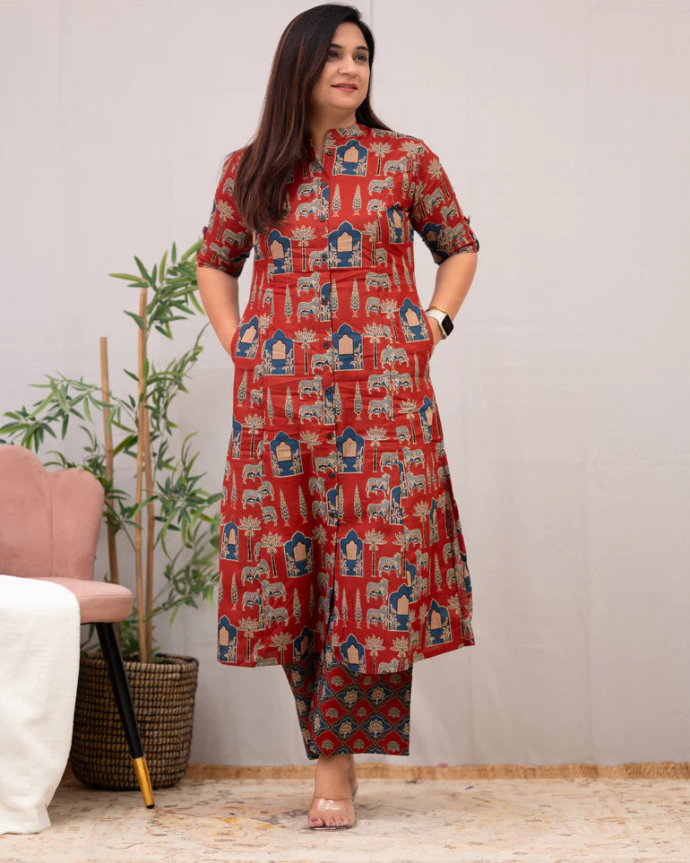 Red Block Printed Cotton Co-Ord Set