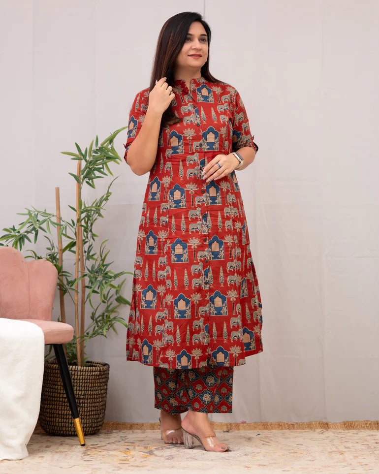 Red Block Printed Cotton Co-Ord Set