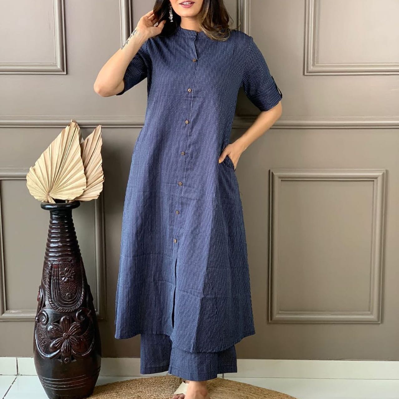 Blue Katha Cotton Kurta And Palazzo Set - wear&style