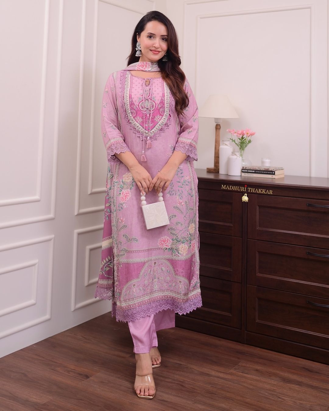 Lilac Muslin Floral Digital Printed Pakistani Kurti Set with Pant, Dupatta, and Pearl Necklace.
