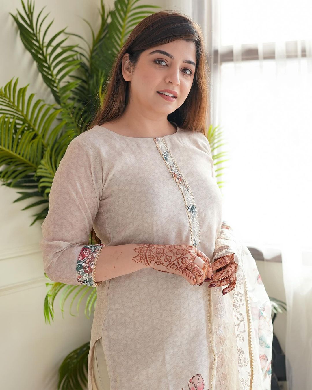Light pastel pink Embroidered Off-White Kurta with Dupatta Set for Women