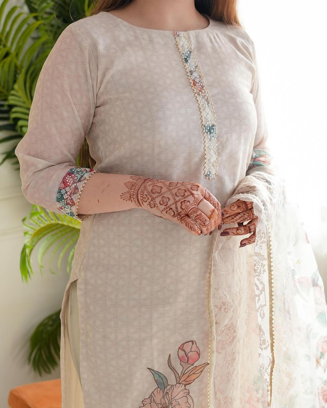 Light pastel pink Embroidered Off-White Kurta with Dupatta Set for Women