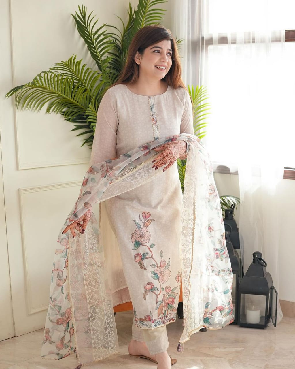 Light pastel pink Embroidered Off-White Kurta with Dupatta Set for Women