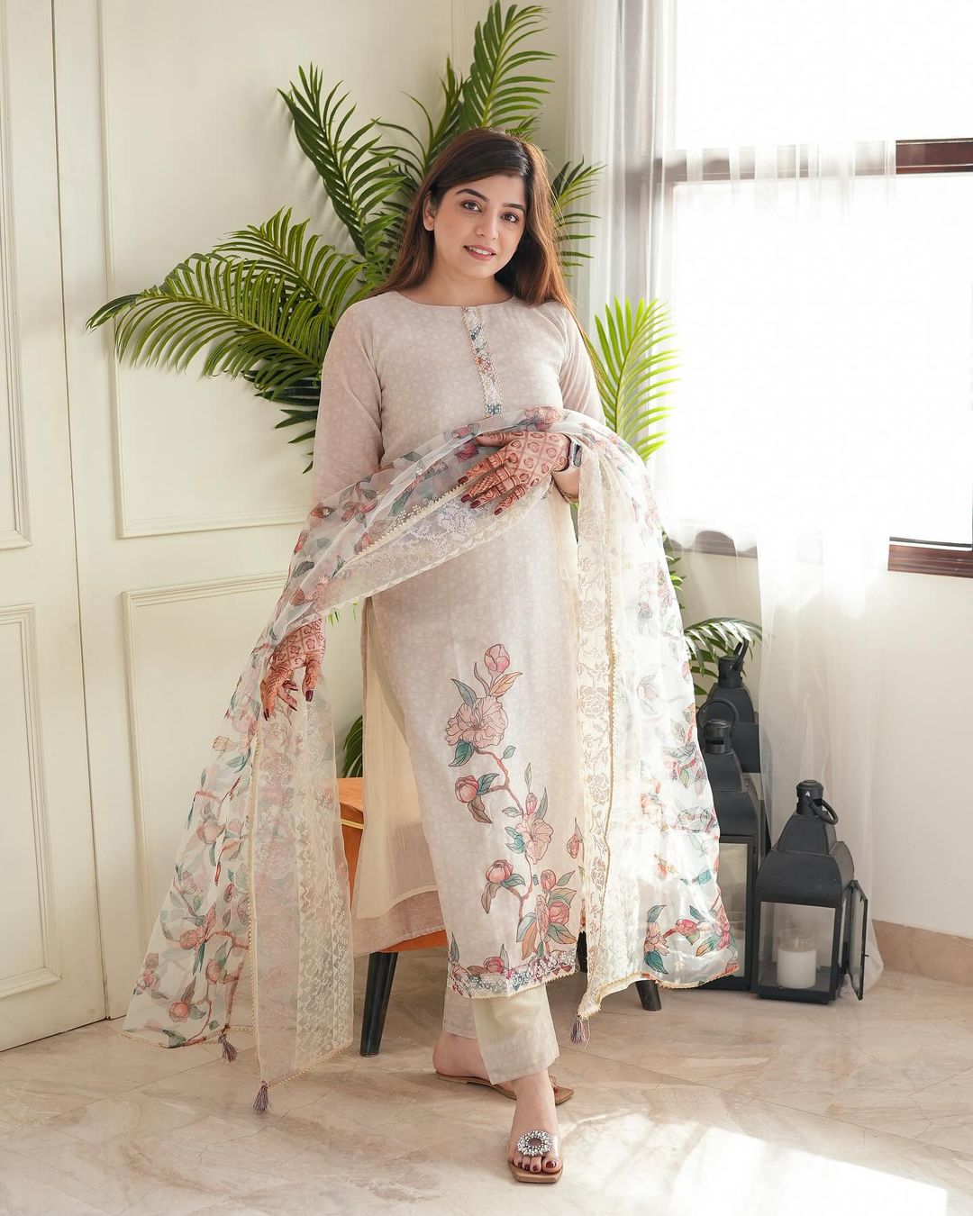 Light pastel pink Embroidered Off-White Kurta with Dupatta Set for Women