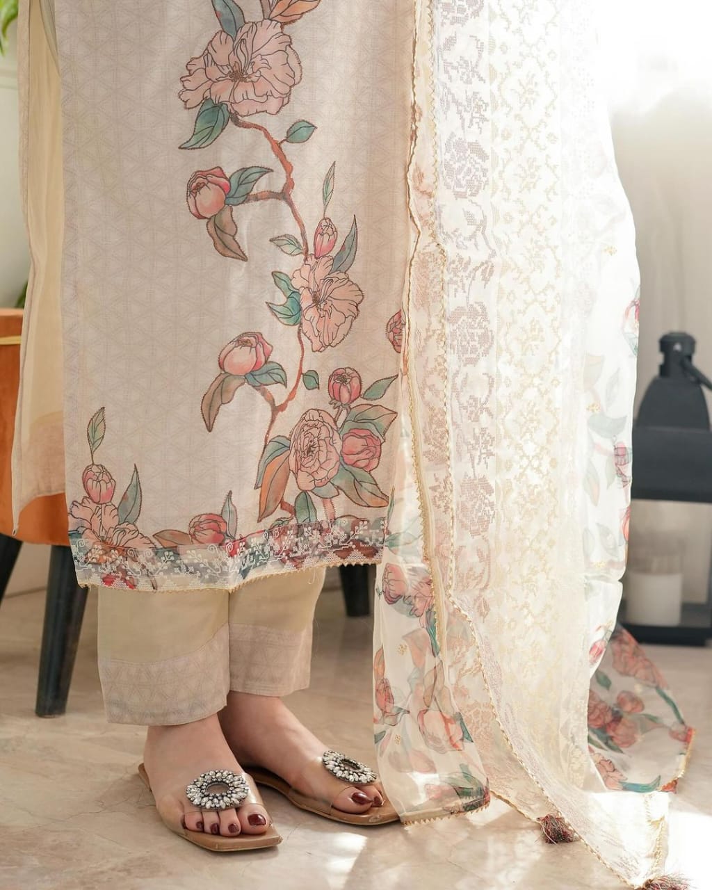 Light pastel pink Embroidered Off-White Kurta with Dupatta Set for Women