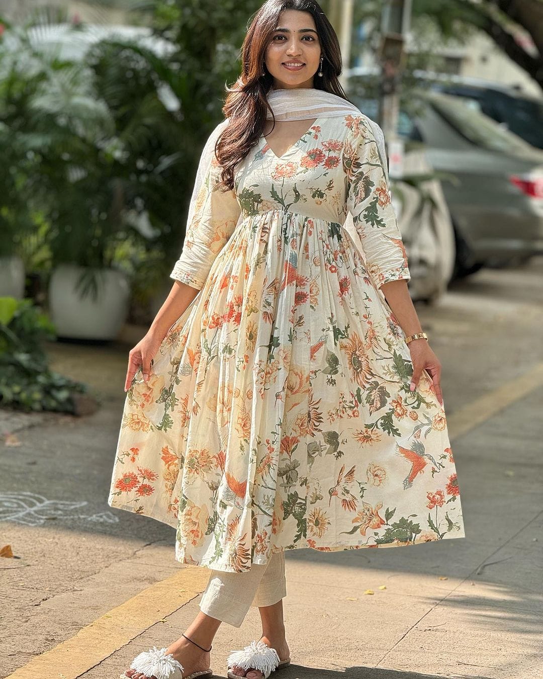 Off-White Floral Anarkali Kurta Set with Matching Dupatta