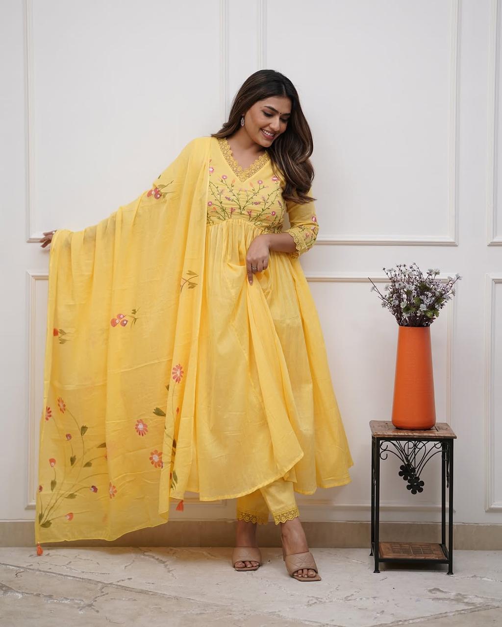 Yellow Elegant Embroidered Kurta Set with Floral Dupatta